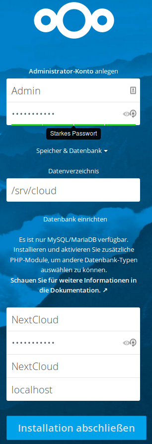 Erster Login, Eingabe der Admindaten